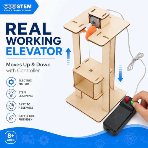 Toyvian Motorized Wooden Elevator STEM Projects for Kids Ages 8-12, DIY Working Lift Model with Controller, Physics Engineering Science Experiment Kit, 3D Wooden Puzzle Building Toy