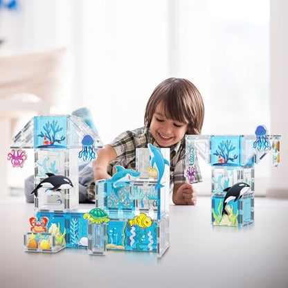 PicassoTiles 52 PCS Magnetic Tiles Ocean Animal STEM Set 8 Figures Ages 3+ - color: Marine Animal Set With 8 Action Figures