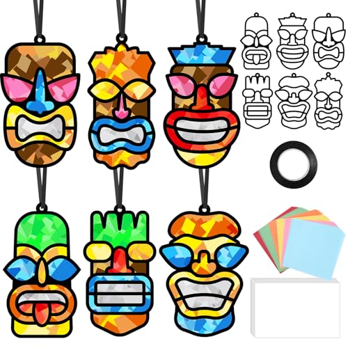 Qyeahkj 36 Set Tiki Theme Suncatchers Craft Tropical Hawaii Suncatchers Craft Kit Summer Luau Window Tissue Paper kit Window Hanging Decoration for Home Art Project Party Favor Gift - style: Tiki