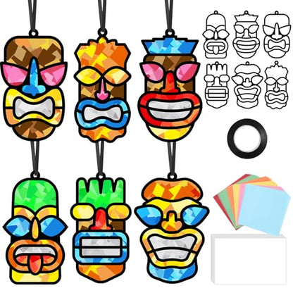 Qyeahkj 36 Set Tiki Theme Suncatchers Craft Tropical Hawaii Suncatchers Craft Kit Summer Luau Window Tissue Paper kit Window Hanging Decoration for Home Art Project Party Favor Gift - style: Tiki