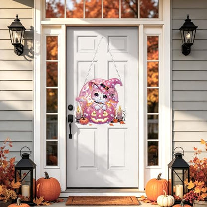 NAIMOER Halloween Diamond Art Hanging Kits for Adults, Cat 5D Special Shaped Rhinestone, DIY Acrylic Diamond Art Painting Window Pendants Home Garden Wall Hanging Ornament Kits, Double Sided - color: Halloween Cat