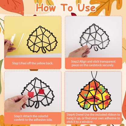 Renbuzhu 40PCS Fall Crafts Bulk: Leaves Pumpkins Paper Suncatchers DIY Kit for Autumn Thanksgiving Activities Decorations, Window Stained Glass Effect Art Supplies(Black Frame) - style: fall