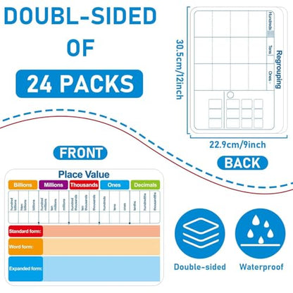 24Pcs Place Value Double Sided Cardboard for Students Dry Erase Sheets Billions to Decimal Numbers Whiteboard Math Regroups Manipulatives Supplies for Teacher Teaching Tool Portable Learning 12" x 9" - style: Math Regroup & Place Value