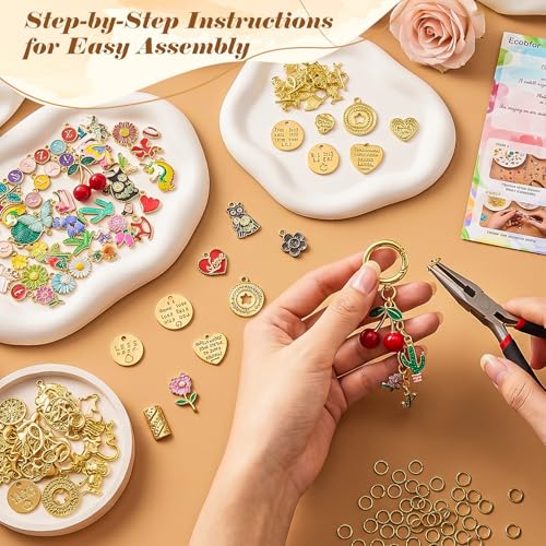 Ecoofor 613 PCS Charms Lip Gloss Keychain Making Kit, Bag Charm Kit with 178 Charms, 25 Keychain Clips & Extender Chains, Jewelry Pliers, Gift Bags & DIY Keychain Craft Supplies - color: Gold - 613 Pcs Kit