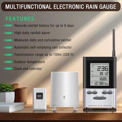 Wireless Rain Gauge Outdoor with Thermometer, Digital Rain Gauges Outdoors Best Rated with Self-Emptying & Freeze Proof, Accurate Remote Rain Measure Gauge, Automatic Outside Rain Gauge for Yard - color: Wireless Rain Gauge