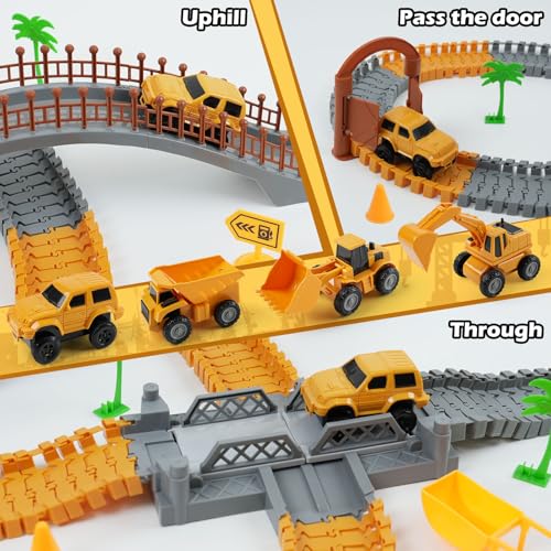 Construction Race Car Track Set for Kids - Flexible Engineering Toys with 2 Electric Cars, Birthday Gift for 3 4 5 6 7 Year Old Boys, DIY Road Games Playset with 220+ PCS - color: Construction Race Track Set