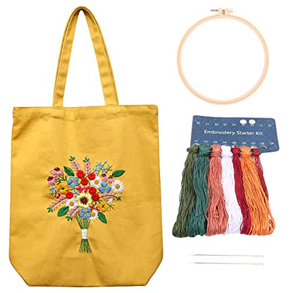 MAMUNU Canvas Tote Bag Embroidery Kit with Pattern for Beginners, Arts and DIY Crafts Kits for Adults, Include Instructions Embroidery Bag, Embroidery Hoops, Color Threads and Tool (Yellow) - color: Yellow