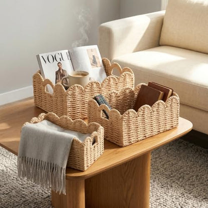 Scalloped Wicker Baskets Set of 3, Hand-Woven Storage with Handles - color: Beige