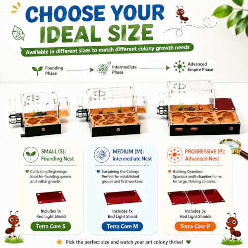 Terra Core S-Ant Farm Formicarium for Live Ants & Queen, Expandable Ant Nest with Magnetic Trash Chamber, 18 mL Water Feeder, Dual Humidity System, Red Cover & Starter Kit