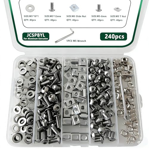 240pcs M5 T-Nuts Screws Kit for 2020 2040 8020 Series Aluminum Extrusion,40Pcs M5x8,40Pcs M5x12 Hexagon Socket Screws,40Pcs M5 T Sliding Nut,40Pcs M5 T Nut,80Pcs Washers - style: 240pcs 20 Series Screws Kit Silver