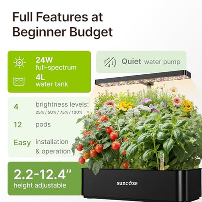 SUNCOZE Hydroponics Growing System, Compact 12 Pods Indoor Garden, Black - color: Black