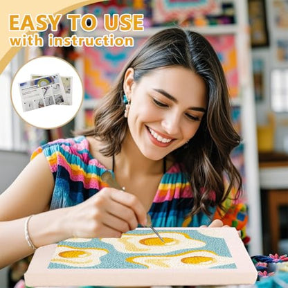 DOODLREAM Fried Egg DIY Punch Needle Embroidery Kit for Adult Beginner, 9.4" Playful Food Punch Stitching Craft Set for Starter with Frame, Fabric Pattern, Threader, Yarn, Punch Needle - color: Fried Egg