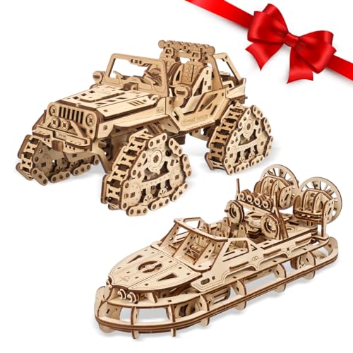 UGEARS Bundles 3D Puzzles - Tracked Off-Road Vehicle and Rescue Hovercraft,3D Puzzle Wooden 3-D Puzzles for Adults Model kit DIY Mechanical Puzzles