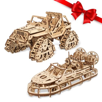 UGEARS Bundles 3D Puzzles - Tracked Off-Road Vehicle and Rescue Hovercraft,3D Puzzle Wooden 3-D Puzzles for Adults Model kit DIY Mechanical Puzzles