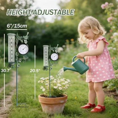 Rain Gauge Best Rated with Thermometer, Freeze Proof & Weatherproof - color: Bird & Flowe (Green)
