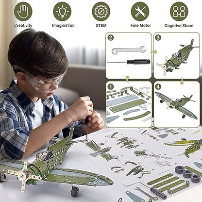STEM Projects for Kids Ages 8-12 12-16, 258 Pieces Erector Sets Airplane Model kit, Model Aircraft Metal Building Toys Birthday for 10-14 Year Old and Up Boys Girls Adults - style: Model Airplane