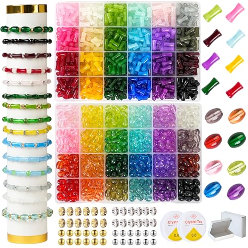 REVKI 1200pcs Glass Beads Bracelet Making Kit, 48 Colors Crystal Beads for Jewelry Making,Strange Shaped Glass Beads for Bracelets and DIY Crafts(Oval and Bamboo) - color: Style 2