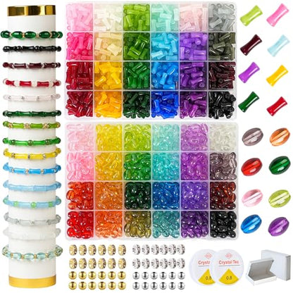 REVKI 1200pcs Glass Beads Bracelet Making Kit, 48 Colors Crystal Beads for Jewelry Making,Strange Shaped Glass Beads for Bracelets and DIY Crafts(Oval and Bamboo) - color: Style 2