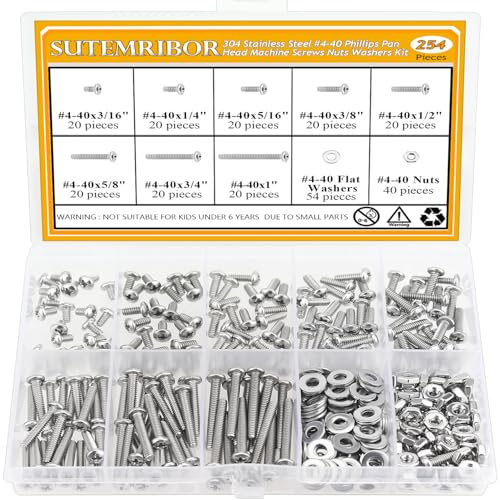 254 Pieces #4-40 x 3/16", 1/4", 5/16", 3/8", 1/2", 5/8", 3/4", 1", Phillips Pan Head Machine Screws Nuts Washers Assortment Kit - size: #4-40, style: Phillips Pan Head
