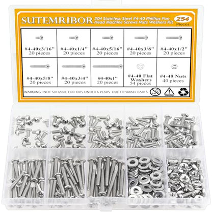 254 Pieces #4-40 x 3/16", 1/4", 5/16", 3/8", 1/2", 5/8", 3/4", 1", Phillips Pan Head Machine Screws Nuts Washers Assortment Kit - size: #4-40, style: Phillips Pan Head