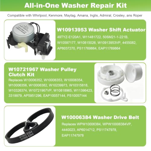 W10913953 W11481722 50SM21-1-221B Washer Shift Actuator W10721967 Washer Pulley Clutch Kit & W10006384 Washer Drive Belt Compatible with Whirlpool Kenmore Maytag WTW5000DW1 MVWX655DW1 Washers