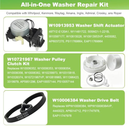 W10913953 W11481722 50SM21-1-221B Washer Shift Actuator W10721967 Washer Pulley Clutch Kit & W10006384 Washer Drive Belt Compatible with Whirlpool Kenmore Maytag WTW5000DW1 MVWX655DW1 Washers