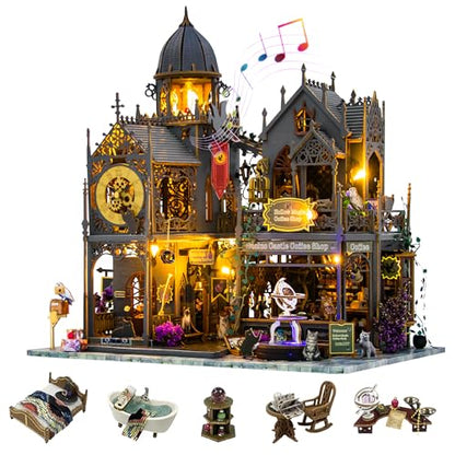 Plustopoy DIY Miniature House Kit: 3D Wooden Puzzle Miniature Kit with LED Lights, Small Tools & Music Box, Tiny House Diorama Building Kit for Adults Teens, Mini Wooden Dollhouse Creative Gift - style: Hhuoluo Magic Castle