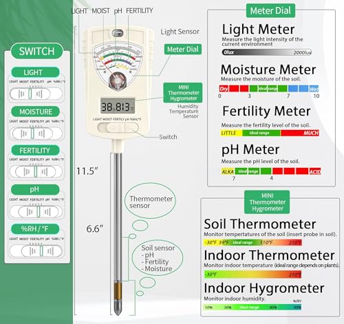 Soil Moisture Meter, 7-in-1 Soil Tester with Moisture/pH/Temperature/Sunlight/Air Humidity/Fertility, Soil Tester for Farming, Plants Gardening, Lawn, Gardening and Outdoor Plants - color: White 7 in 1