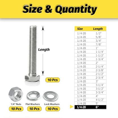 10 Sets 1/4-20x6 Bolt and Nut Set, Flat & Lock Washers Included,40PCS - size: 1/4-20x6" 10sets