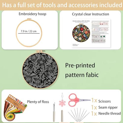 Ohcol Embroidery Kit Beginners Cross Stitch Needlepoint Kits for Adults Needle Point Kits with Hummingbird & Hoop - color: Black - Hummingbird
