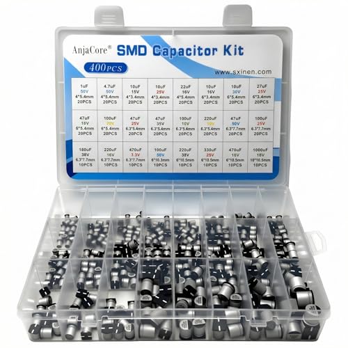 400 Pcs 24 Values 1uF-1000uF SMD Aluminum Electrolytic Capacitor Kit Assortment with Storage Box, ±20% Tolerance, -40℃ to 105℃ for DIY Repair LED Electronic Projects