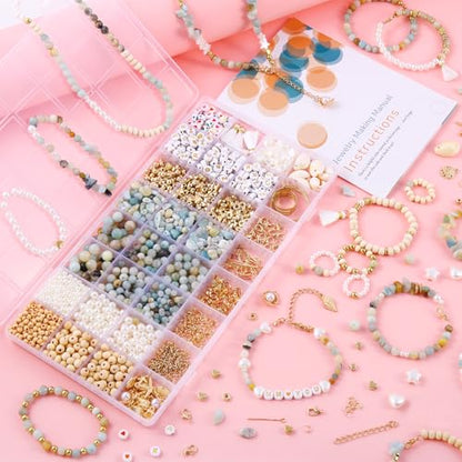 Wurosi 1927PCS Jewelry Making Supplies Kit for Adults,Natural Stone Beads - color: 1927 Pcs Cyan Bracelet Kit