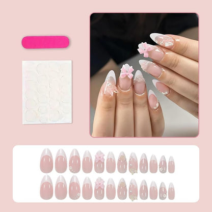 Almond Press on Nails Medium White Fake NailPink Bows and Clear Butterfly Acrylic Nail Press ons Stick on Nails for Women 24pcs - color: Color12