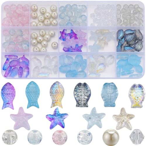 SUNNYCLUE 1 Box 250Pcs Bohemian Style Summer Ocean Glass Beads Bulk Blue Fish Double Sided Purple Starfish Bicone Beads 6mm 8mm Imitation Pearls Crackle Spacers for Jewelry Making Kits - color: Boho Styles Beads Kit-7