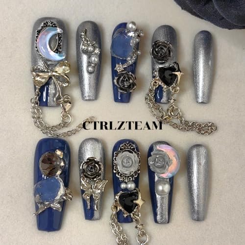 CTRLZTEAM Cyber Gothic Coffin Press on Nails Silver Blue Square Nails - color: Blue Silver, size: S