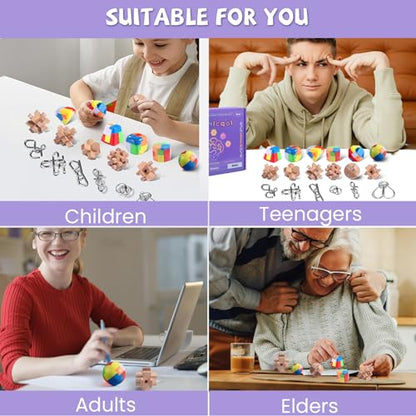 Brain Teaser Puzzles for Adults and Kids, 18Pcs Puzzle Games Set, 3D Wooden Plastic Metal Puzzle, Unlock Interlock Mind Brain Games, IQ Test Educational Toy - style: Medium-18PCS