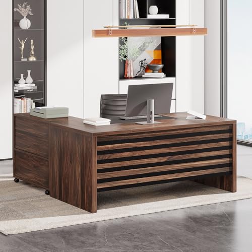 Tribesigns 62.2" L-Shaped Executive Desk with Mobile File Cabinet - color: Dark Brown and Black