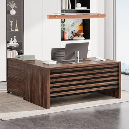 Tribesigns 62.2" L-Shaped Executive Desk with Mobile File Cabinet - color: Dark Brown and Black