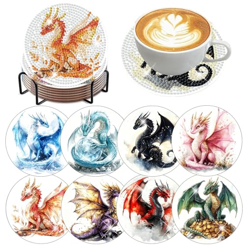 Xylogist 8 Pcs Dragon Diamond Art Coasters with Holder Cork Pads - color: Dragon Diamond Painting Coasters