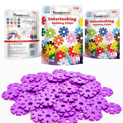 PicassoTiles Building Chip Interlocking Disc Construction Blocks in Purple Color STEM Learning Early Education Toy Engineering Playset Child Brain Development for Toddler Girls Boys Kids Age 3+ PTF108 - color: Prp