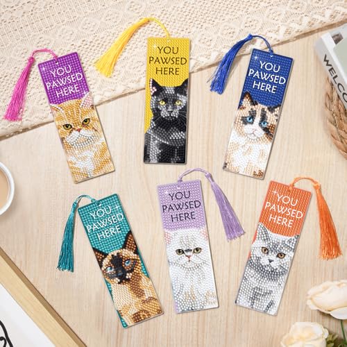 6 PCS Diamond Art Kits Bookmarks Cat Diamond Painting Bookmark, 5D DIY Book Marks Dimond Art Paintings Gem Art, Acrylic Bookmarks with Tassels,Arts and Crafts for Adults Reading Gifts for Book Lovers - style: Cat