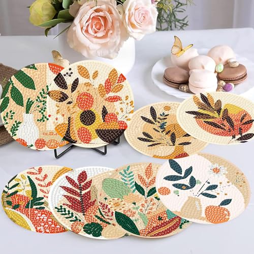 Diamond Art Coasters Kit,8 Pcs Abstract Plant Diamond Painting Coasters Kit - color: Abstract Plants
