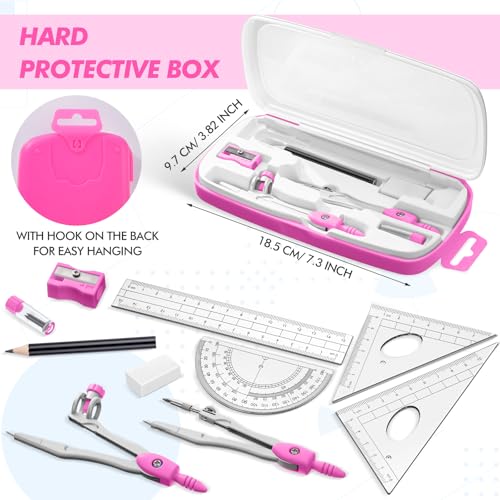 Zonon 10 Pcs Math Geometry Set for Student Compass Protractor, Pink - color: Pink