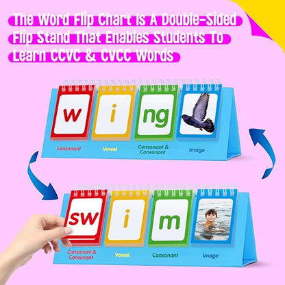 CVCC & CCVC Flip Charts, 40 Words Builder Phonic Games Freestanding Flip Chart Manipulative Spelling Toy Educational Learning Tool for Student Teacher School Supplies - style: CVCC & CCVC Word