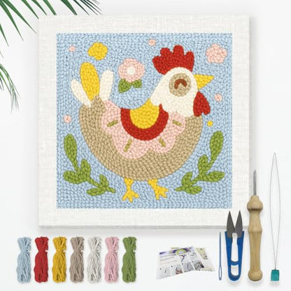 Doodlream Cute Chickens DIY Punch Needle Embroidery Kit for Adult Beginner, 9.4" Rooster Animal Punch Stitching Craft Set for Starter with Frame, Fabric Pattern, Threader, Yarn, Pinch Needle - color: Chickens