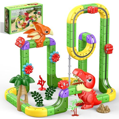 Dinosaur Magnetic Train Set Toys for Kids 3-5: 115PCS 3D Infinity Racer Cube Tracks Anti-Gravity Rail Electric Train Track Birthday Gifts Toys for 3 4 5 6 7 8 Year Old Boys Girl - size: Advanced Set(115PCS)