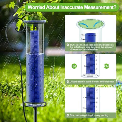 Circrane Rain Gauge Outdoor,Accurate Measure Tube with Metal Stake, Easy to Read Large Number for Backyard