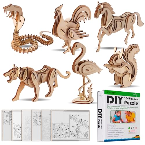 calary 3D Wooden Puzzle Simulation Animal Dinosaur Assembly DIY Model Toy for Kids and Adults,Set of 6 - style: C-Animals Assembly