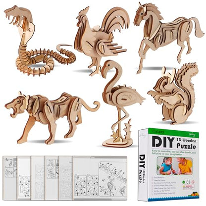 calary 3D Wooden Puzzle Simulation Animal Dinosaur Assembly DIY Model Toy for Kids and Adults,Set of 6 - style: C-Animals Assembly