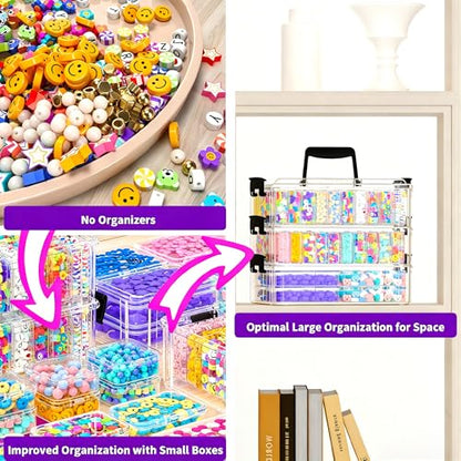 Bead Organizer Box 58 Pcs, 3-Tier Stackable Storage Box, and 3 Different Container Sizes Small Plastic Containers with Lids, Portability, Clear Organizers for Jewelry DIY Craft Storage - size: 3-Tier 8L+20M+30S
